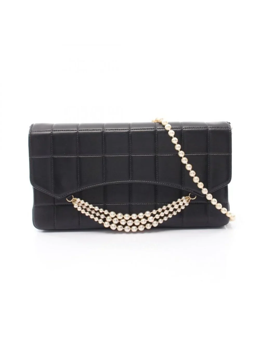 Chanel Shoulder Bag Choco Bar Pearl Chain Black Lambskin